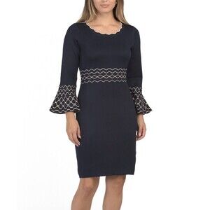 Gabby Skye Navy Blue Knit Dress L Bell Sleeves Beige Trim Scallop Neck Elegant